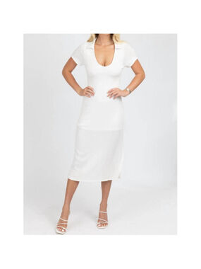 NEW LE LIS short sleeve collared midi dress in ivory S NWT